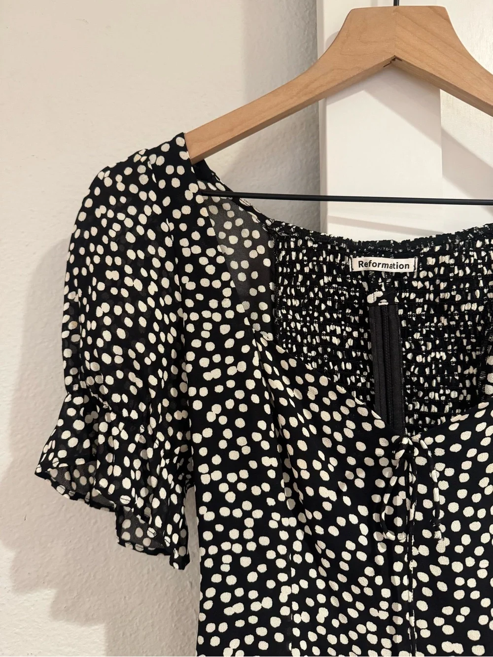 Reformation Black White Polka Dot Puff-Sleeve Tie Front Top
